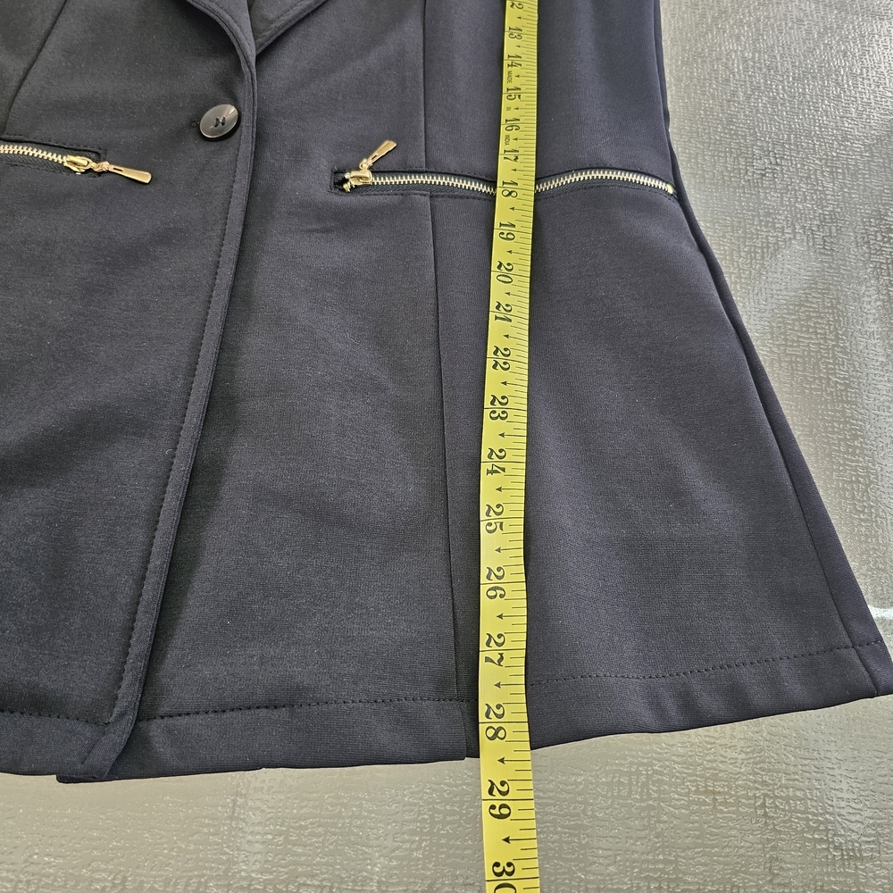 Genhoo Black Blazer Jacket Women’s Longline Chic Minimalist Gold Zip Pockets L - Picture 11 of 12